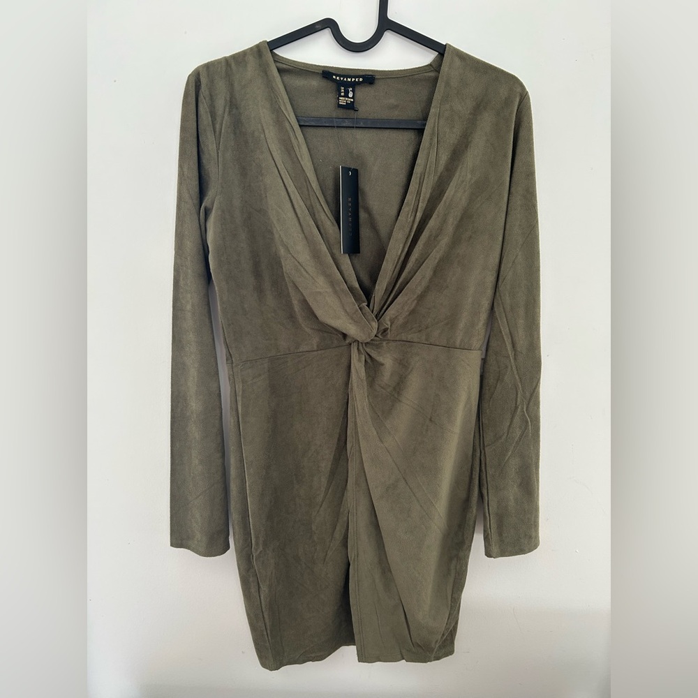 Revamped Olive Green Long Sleeve Twist-Front Mini Dress